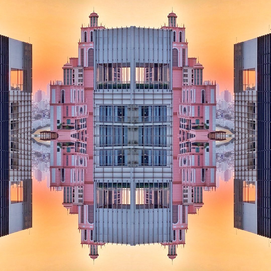 Symmetrical mirrored skyscraper cityscape