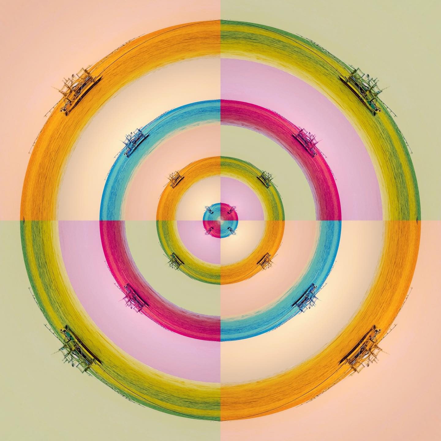 abstract circular pattern with colored rings and ships