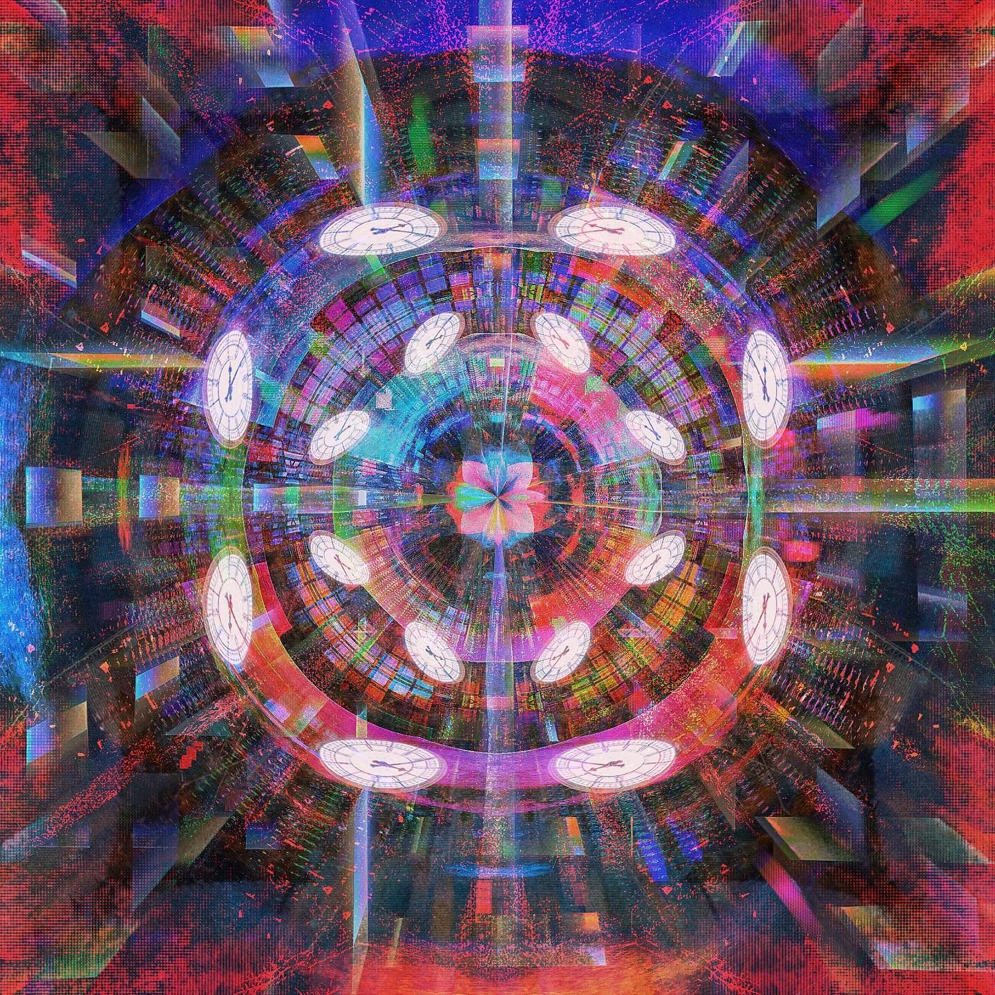 Vibrant abstract circular pattern with clock motifs
