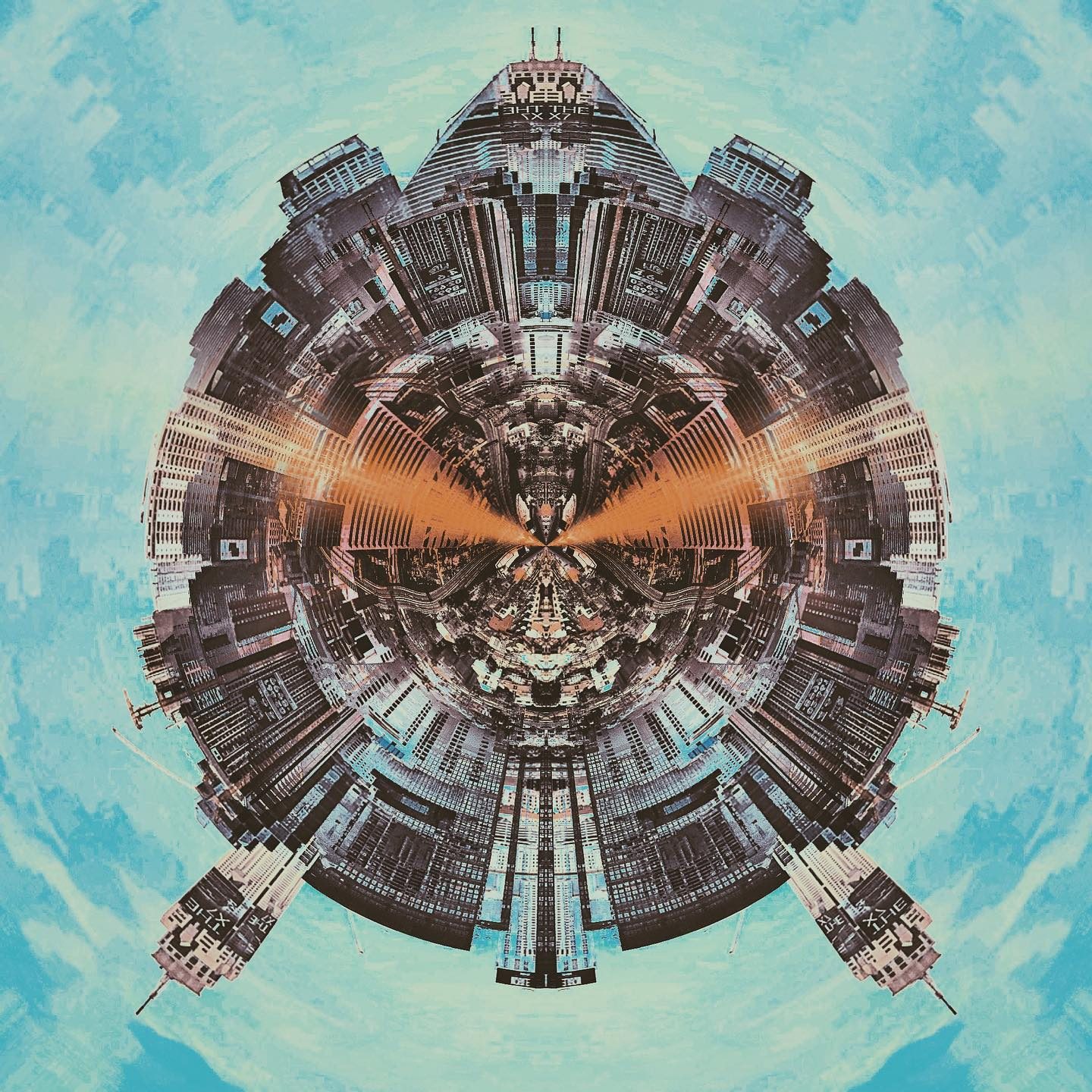 Circular futuristic cityscape with mirrored symmetry