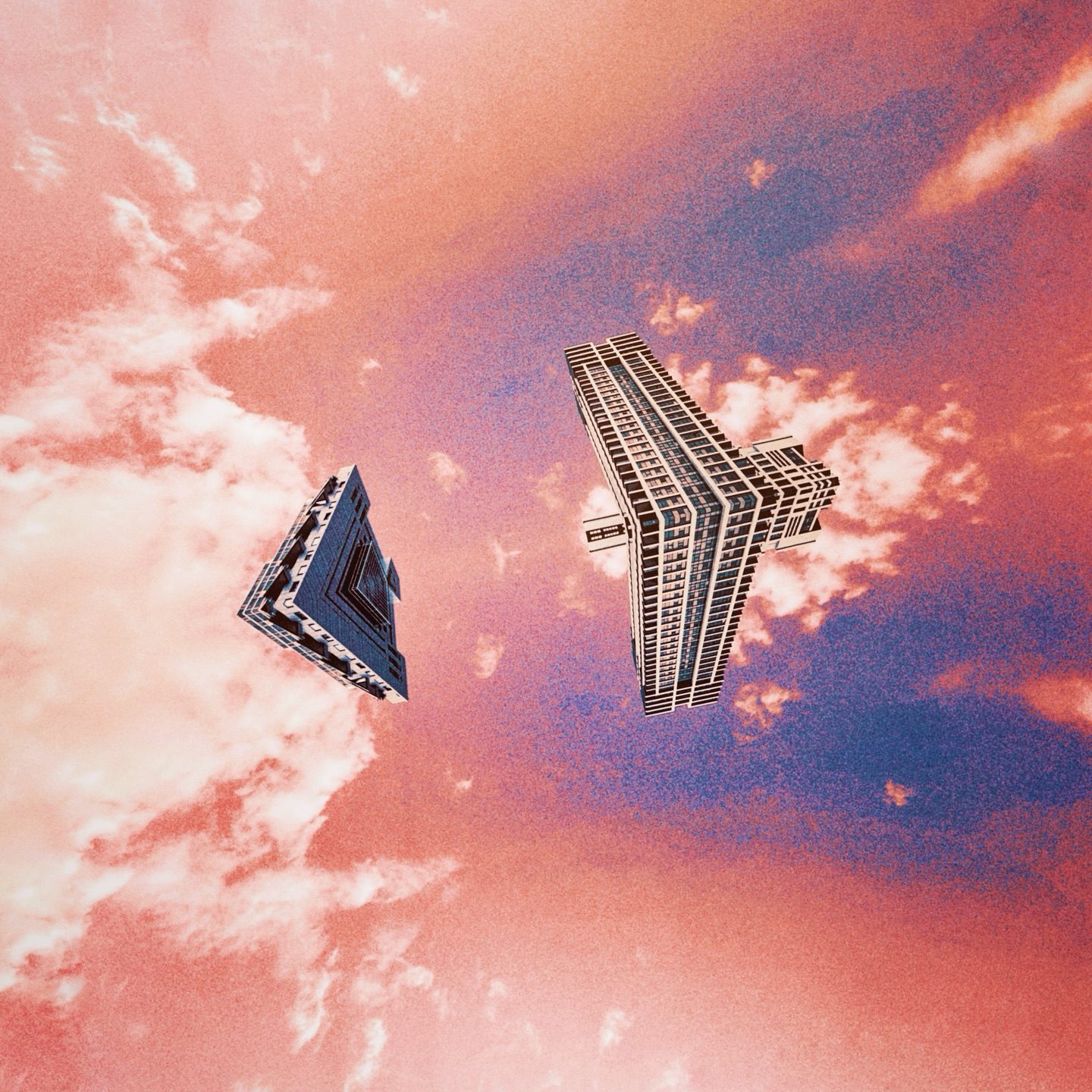Floating geometric structures in pink sky