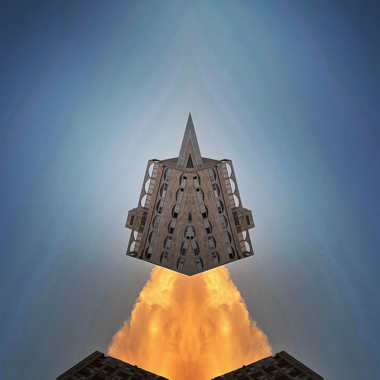 Geometric pyramid tower with fiery base