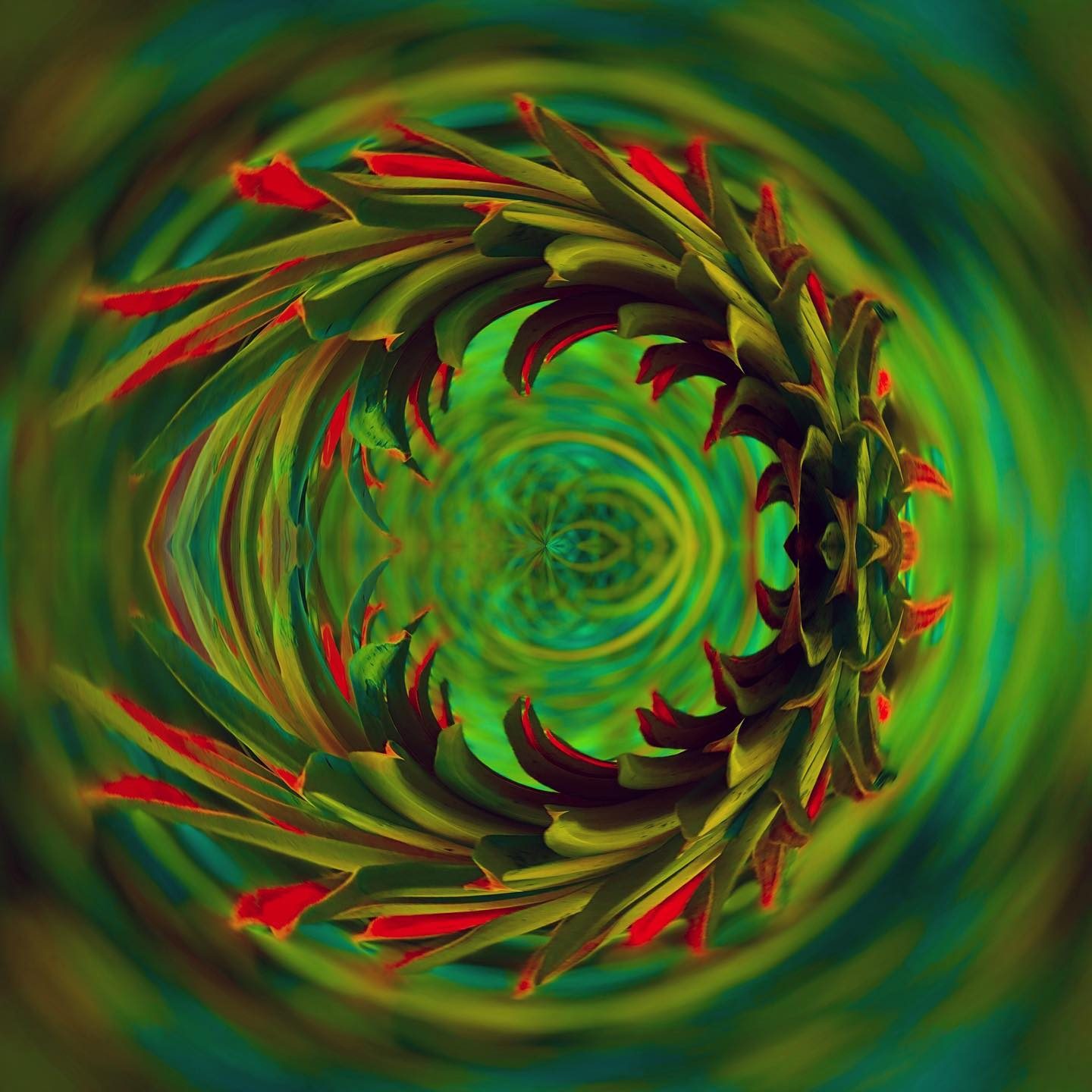 Abstract green and red spiral artwork